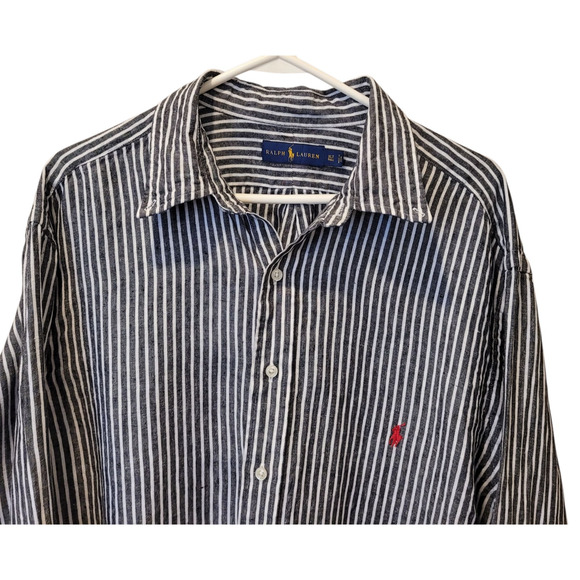 Ralph Lauren Mens Linen Striped Collar Button Down Long Sleeve Shirt XLT Preppy - Picture 1 of 9